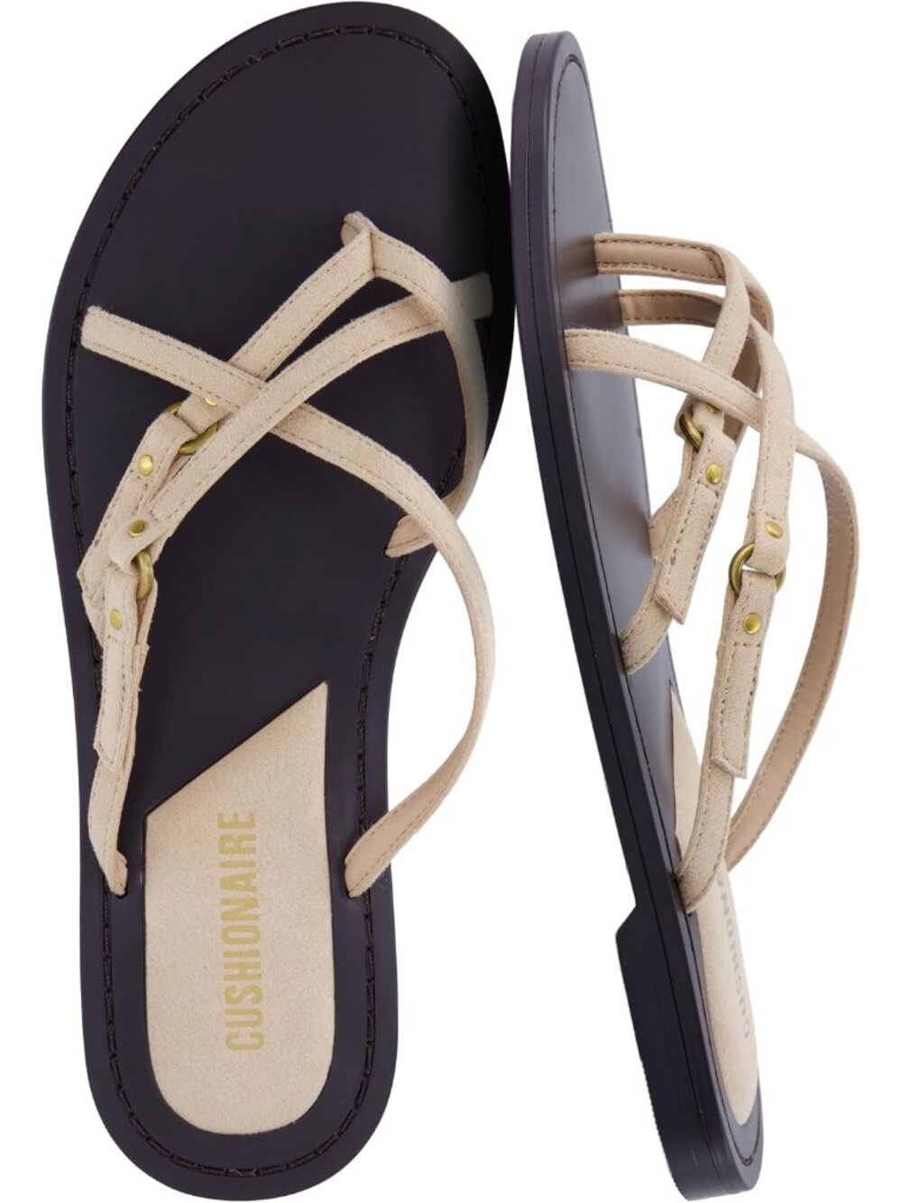 Women's Beige Thong Strappy Sandals Flat Sandals with Decorative Ring Accents